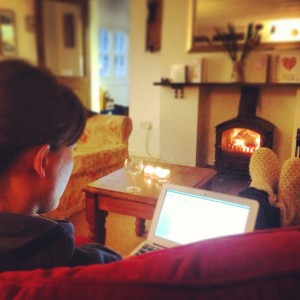 Blogging by the log burner in Whie House Cottage, Port Isaac