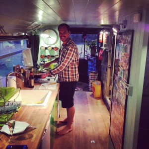 The kitchen area in The Big Green Bus