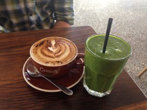 Having a coffee and smoothie in Byron Bay, Australia