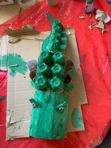 Our finished cardboard crocodile - things to do with kids during lockdown