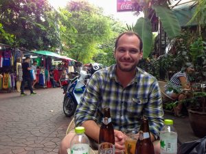 Having a beer on Soi Rambuttri in Bangkok