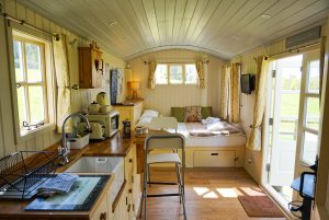 Inside Lady's Well Shepherd's Hut. Glamping in Somerset.