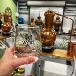 Glass of gin and tonic with copper gin still in background
